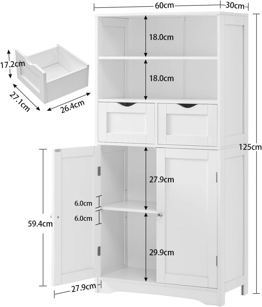 125cm Mobile Bagno, Mobiletto Salvaspazio con 2 Cassetti & Mensola Regolabile, Cassettiera per Bagno, Soggiorno, Ingresso, 60x30x125 cm, Bianco