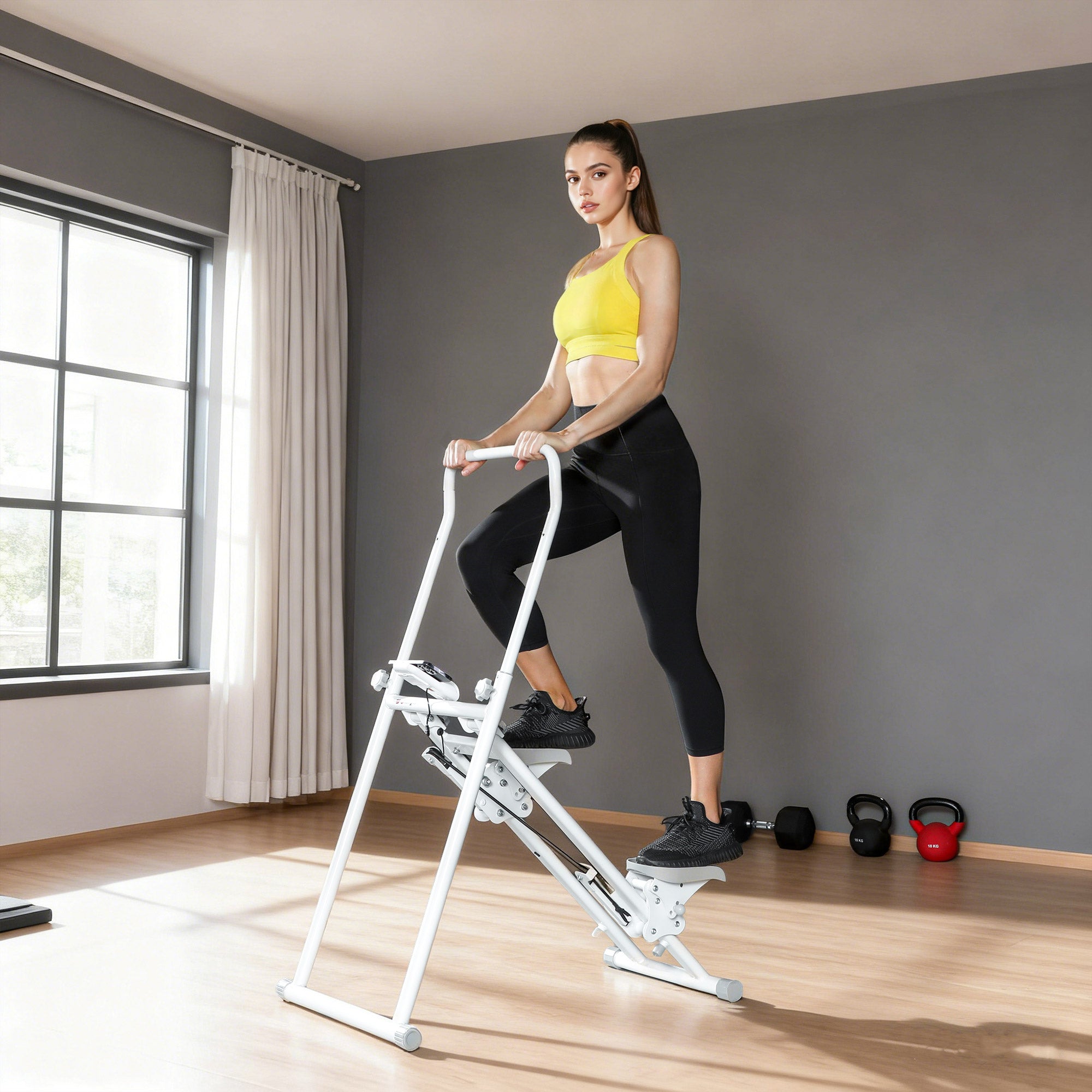 Stepper Vertical Climber Pieghevole con Impugnatura Regolabile Pedali Antiscivolo e Monitor LCD Bianco