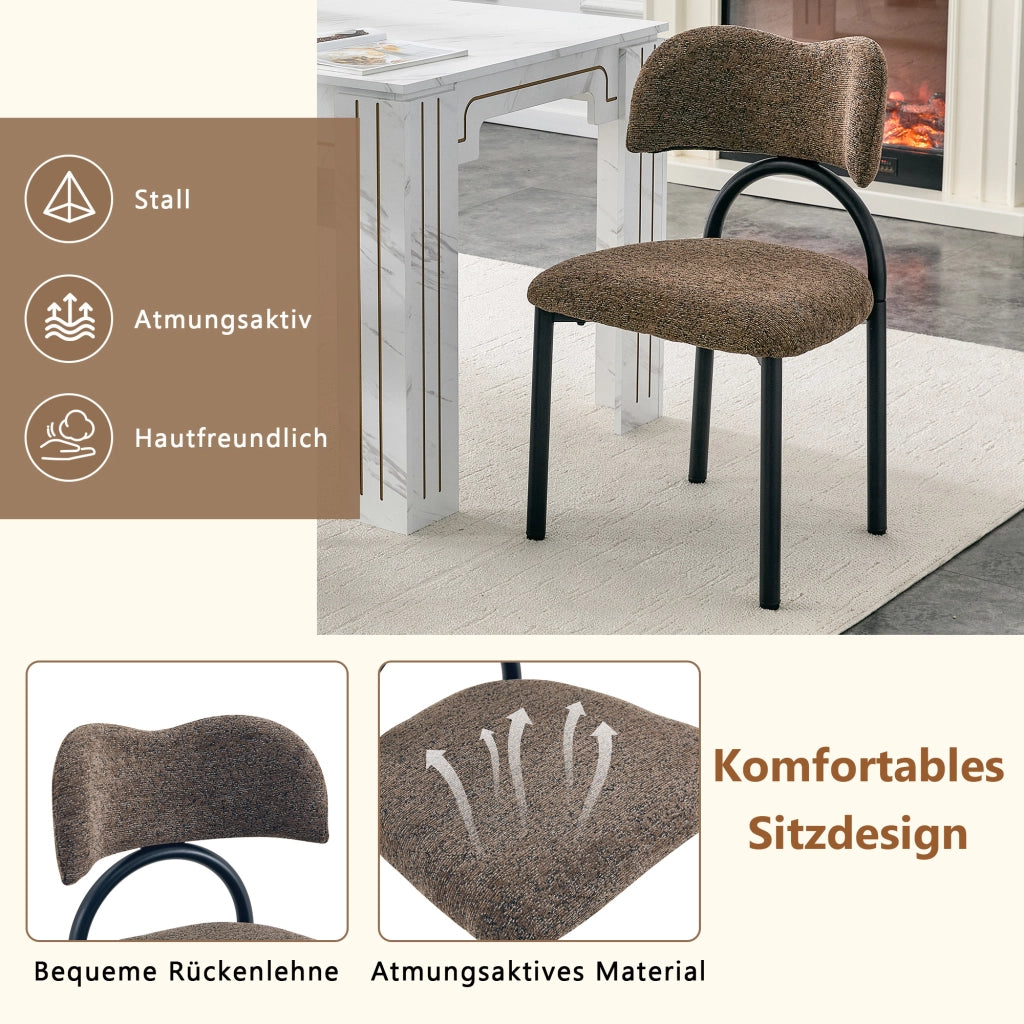 Set di 2 sedie da sala da pranzo moderne imbottite con schienale curvo e struttura in metallo nero, tessuto marrone
