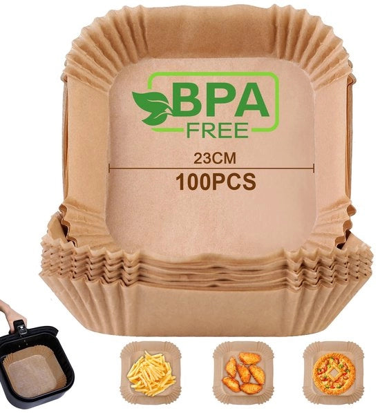 Papier per Airfryer, 100 pezzi 23 cm, BPA libero, acqua e olio resistente, impermeabile, quadrato