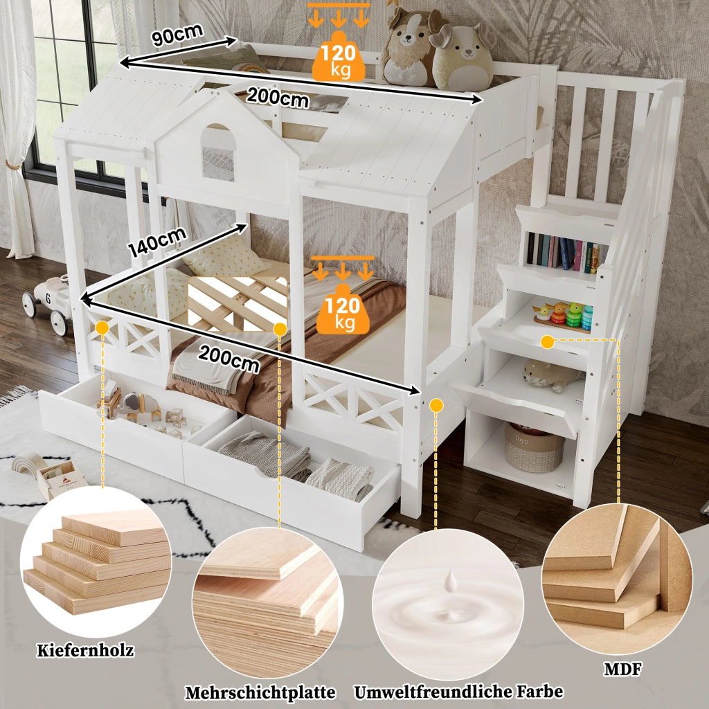 OKWISH Letto a castello 90×200 cm e 140×200 cm, Letto 3 Posti con 2 Cassetti, Mobile Scala e Design Casetta, senza Materasso