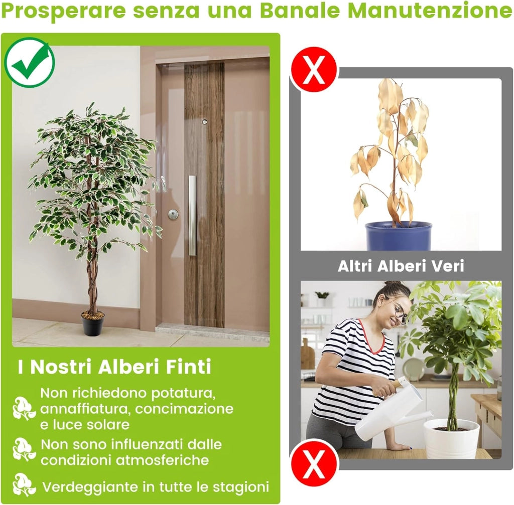 Albero di Fico Artificiale 160 CM, Pianta Finta da Interno con 1008 Foglie, Tronco Naturale in Legno, Vaso Robusto, Muschio Secco, Albero Finto per Casa, Ufficio, Soggiorno, Portico