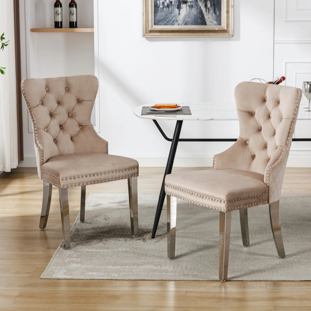 SEDIA da pranzo in velluto beige con struttura in legno massello e gambe in metallo