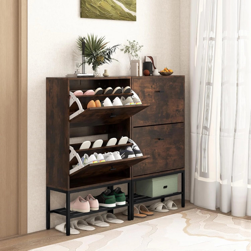 Armadio per Scarpe con 2 Cassetti a Ribalta, Scarpiera Nascosto con Ripiani Regolabili e Rimovibili, Ripiano in Metallo e Dispositivo Antiribaltamento, 60x24x106 cm (Marrone)