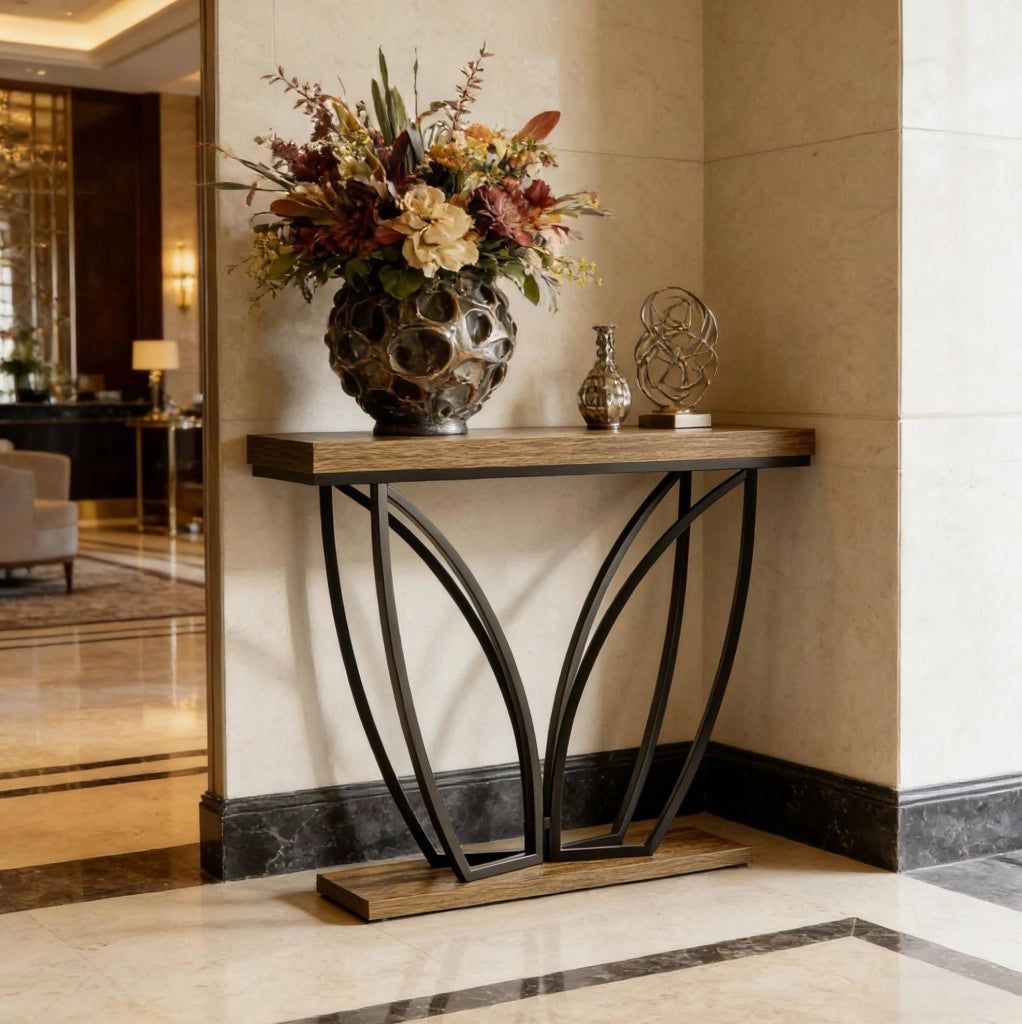 Consolle stretta 105 x 30 cm in MDF e metallo; nero e marrone rustico