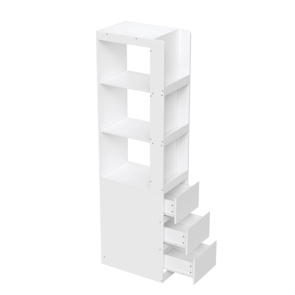 Libreria stretta alta 200 cm con 3 ripiani aperti e 3 cassetti, bianca, struttura in truciolare