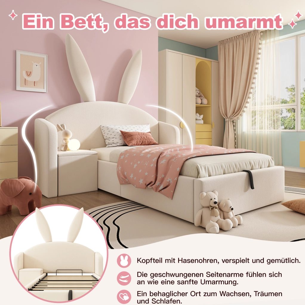 Letto junior 90x200 cm in velluto beige con contenitore; comodino integrato e design con orecchie