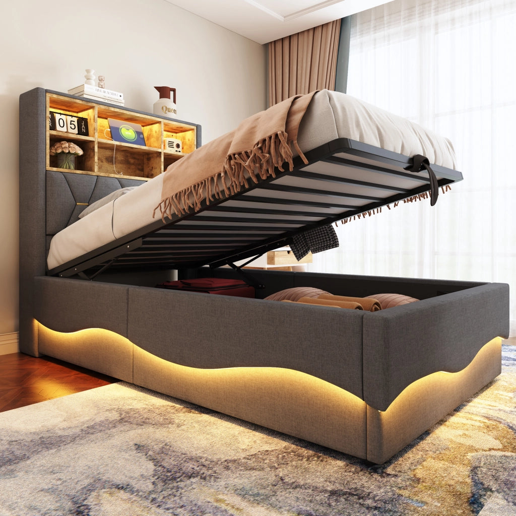 OKWISH Letto Bambini 90×200 cm, Letto Singolo con Contenitore Idraulico, LED con App, USB e Vano Portaoggetti, senza Materasso, Grigio