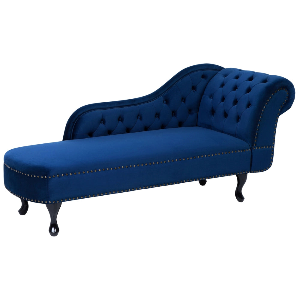 Chaise longue di colore blu versione destra in Velluto abbottonato testa chiodata Stile Chesterfield
