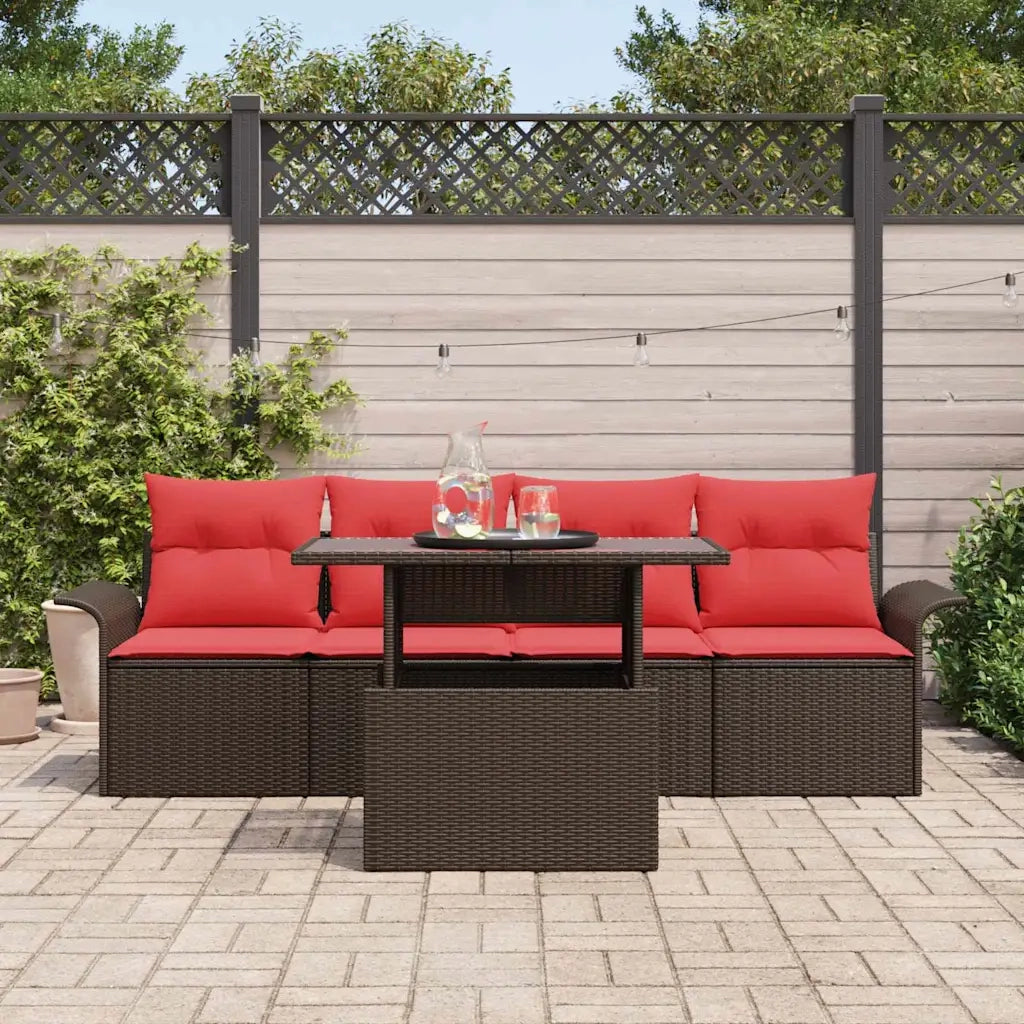 Set Divano da Giardino con cuscino 5 pcs Marrone polyrattan