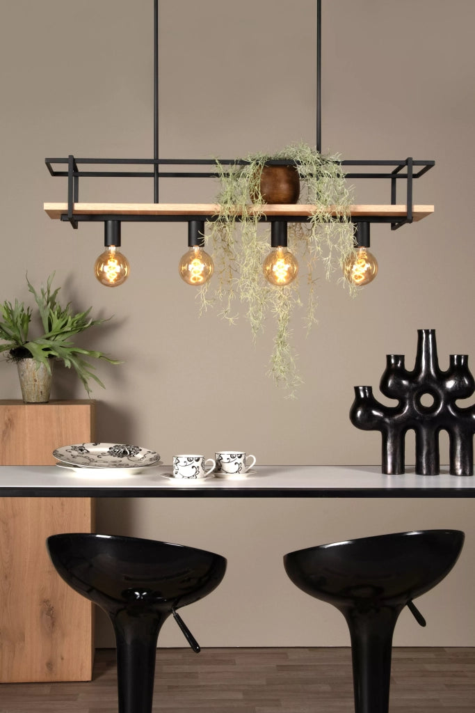 Lampada a sospensione industriale nera/legno Milonga 4xE27