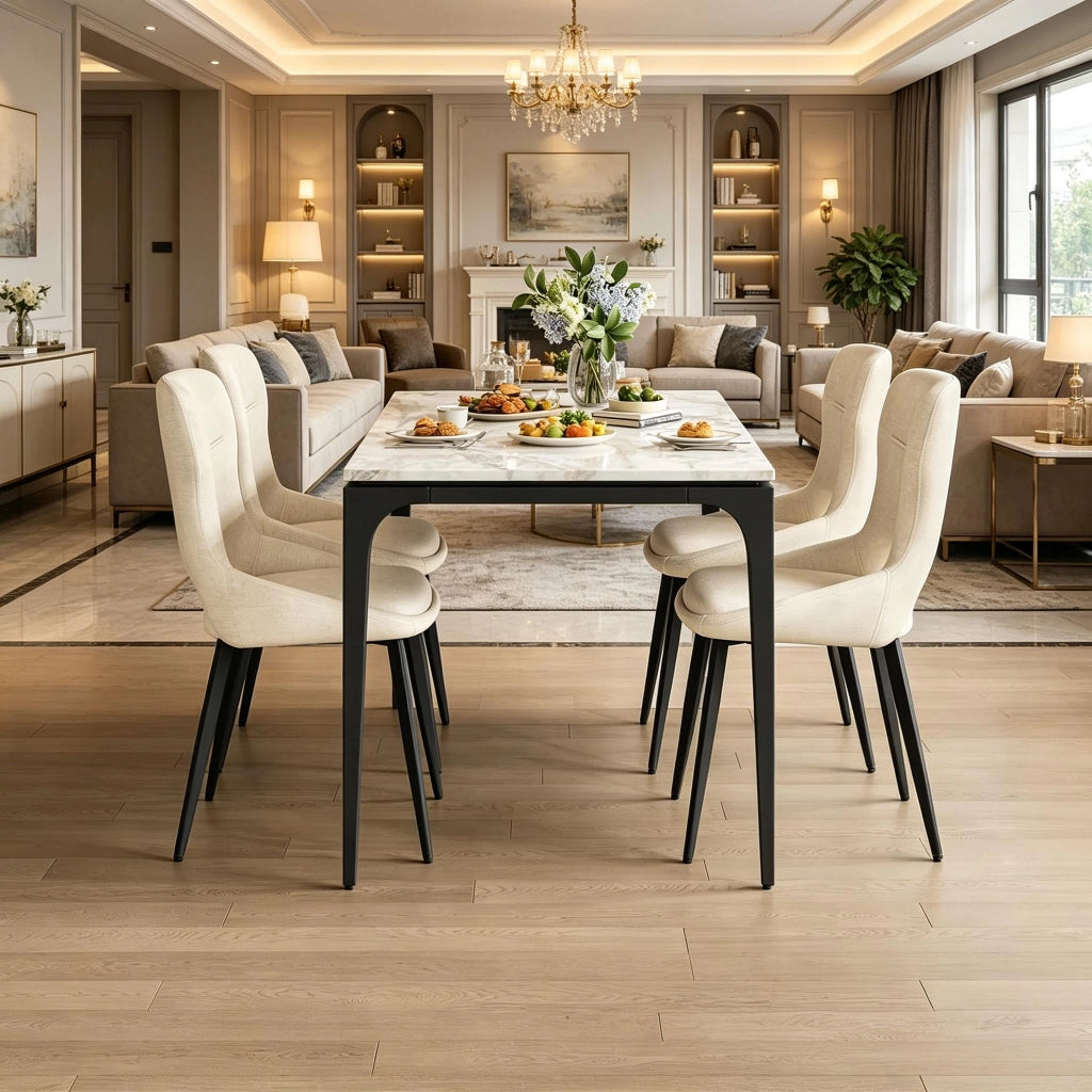 Sedia da Pranzo Set da 4 con Braccioli e Piedini Regolabili in Ciniglia Beige