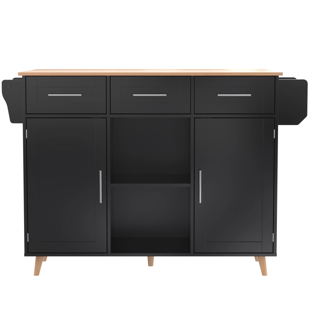 Carrello cucina multifunzionale 139x46(71)x91,5 cm con piano ribaltabile, 3 cassetti, 3 vani e ruote, nero/naturale
