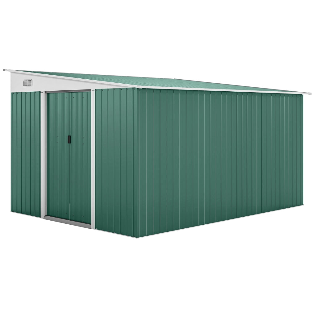 Casetta da Giardino con Porta Scorrevole, in Acciaio, 345x280.5x169-201cm, Verde