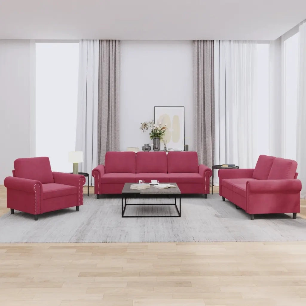 Set di Divani 3 pz con Cuscini Rosso Vino in Velluto 3202174