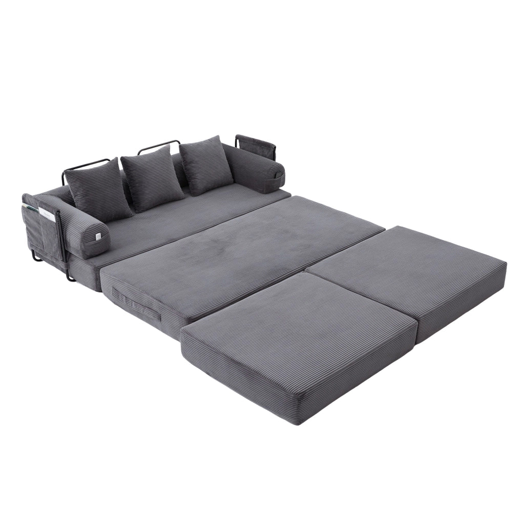 Divano modulare in velluto a coste con pouf, 3 cuscini e tasca laterale, grigio scuro