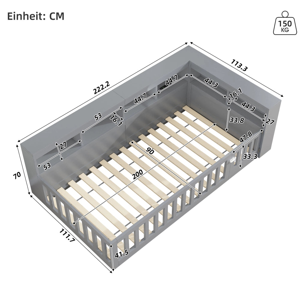Divano letto 90x200 cm con presa USB e vano portaoggetti in truciolare e MDF grigio