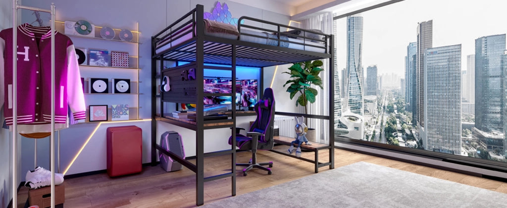 LETTO A CASTELLO con scrivania, LED e presa USB-C 140 x 200 cm nero