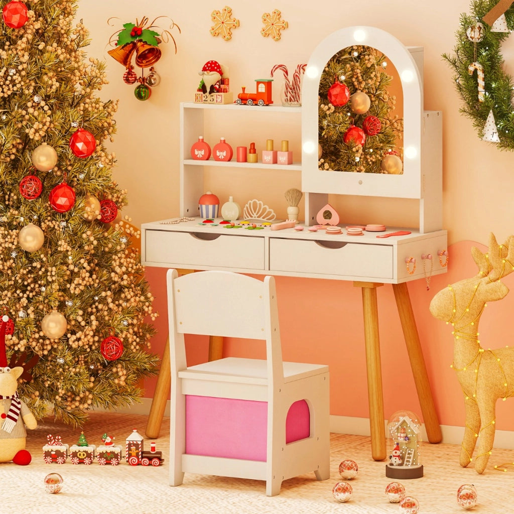 Set tavolo da toeletta per bambini da trucco con 3 modalit¨¤ di illuminazione colorata, Tavolo specchio con armadietto Bianco