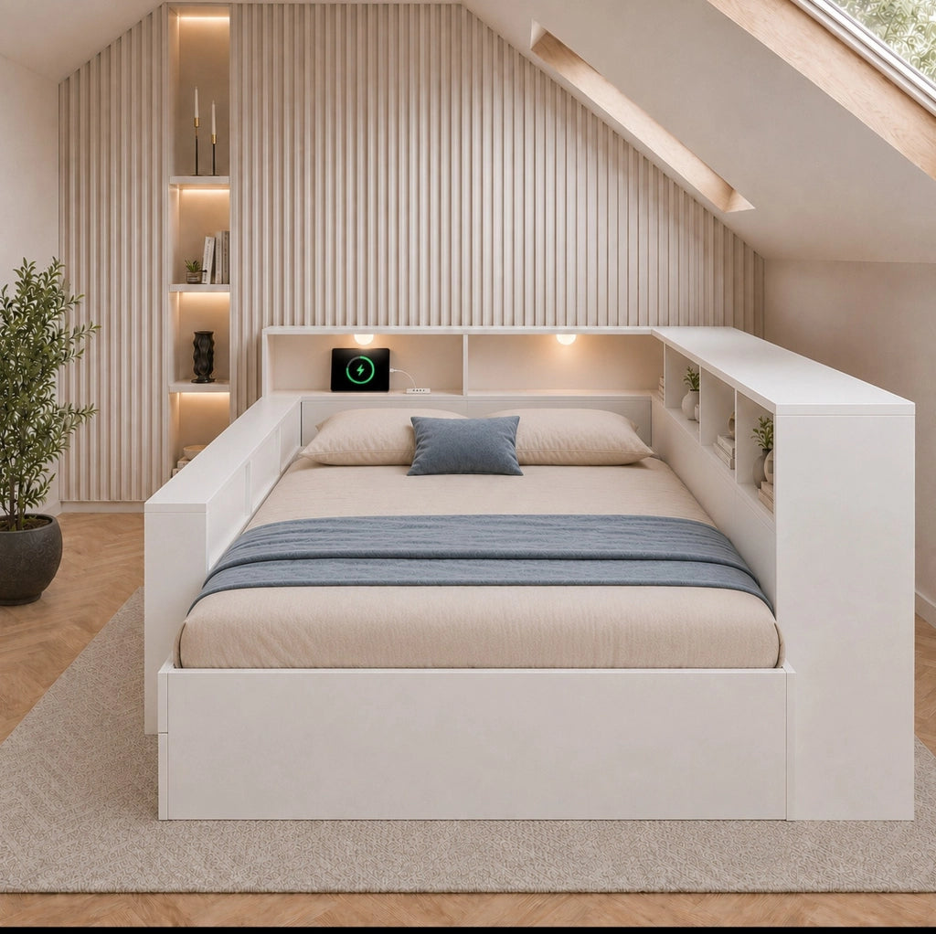 Letto 140x200 cm con vani contenitore, lampade e prese USB, in truciolare, MDF e compensato bianco