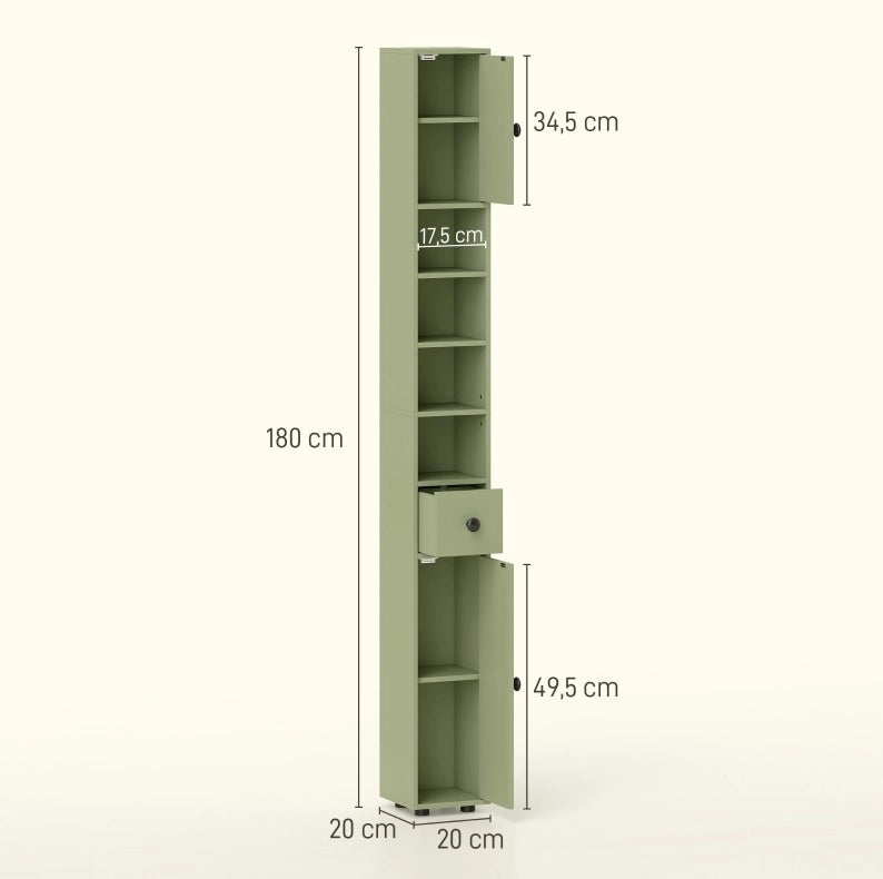 Mobile da bagno stretto verde con cassetto e 4 ripiani aperti 180x20x20 cm