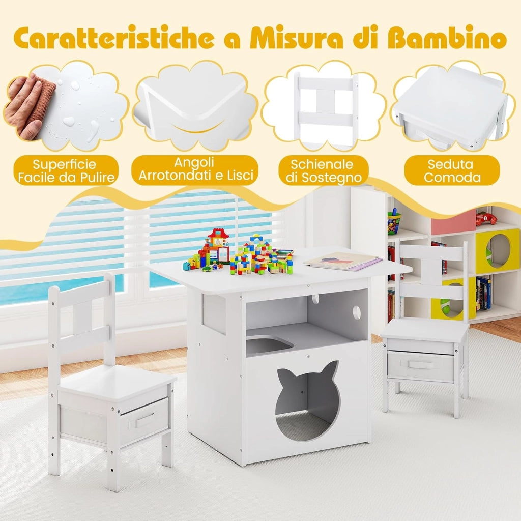 Tavole e Sedie per Bambini 3+ Anni, Tavolo in Legno con Casetta per Gatti, Buco per Gatti & Finestra Trasparente, 2 Sedie con Contenitori in Tessuto, Ideale per Disegnare e Studiare