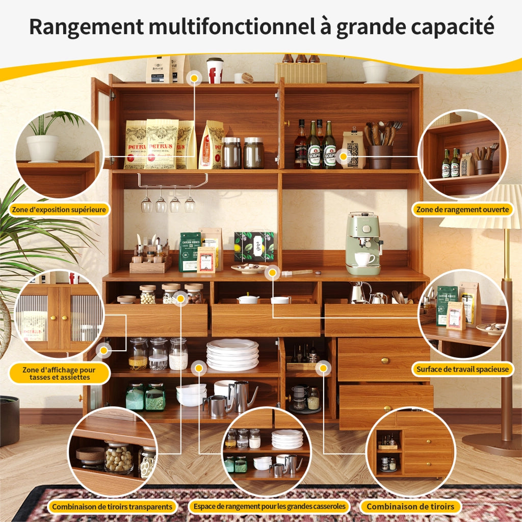 Credenza Alta da Cucina con Vani Aperti; Anta in Vetro Cannelato e Portabottiglie; in MDF; 145 x 39 x 171 cm