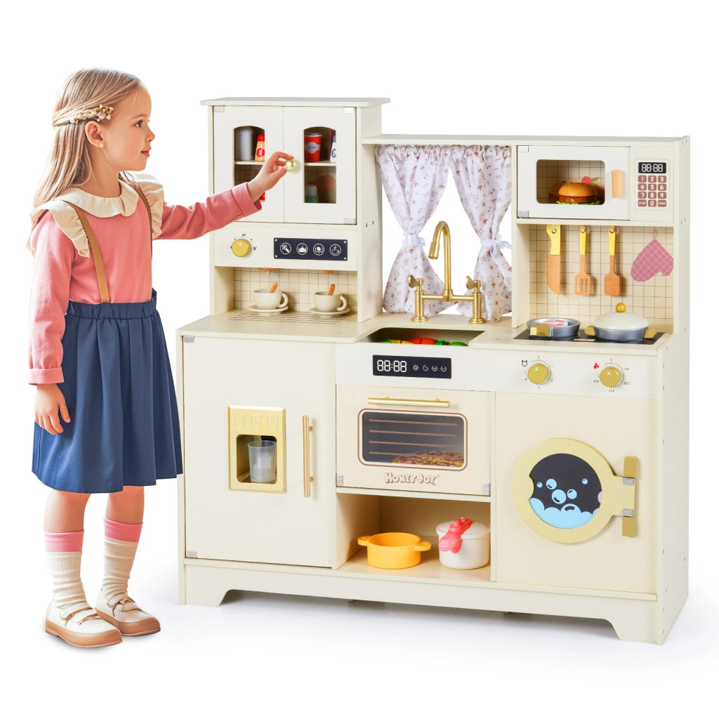 Cucina giocattolo bambini legno 3+ anni fornelli rubinetto lavello caffè ghiaccio-Set gioco microonde 14 accessori