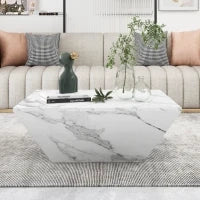Tavolino da Salotto Moderno Trapezoidale in MDF con Finitura Marmo, 2 Cassetti, Design Unico e Stabile, 70x70x37 cm, Bianco