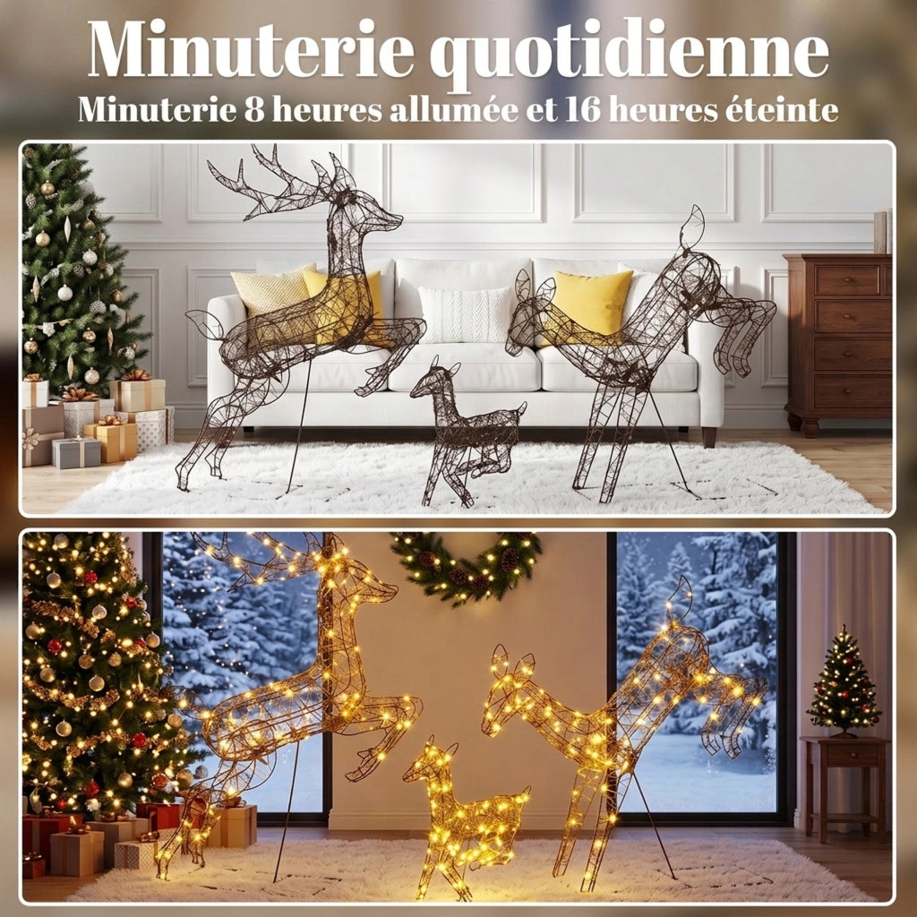 Set di 3 renne natalizie luminose, 120 cm, per esterni, con 200 LED bianco caldo, 8 modalità e timer.