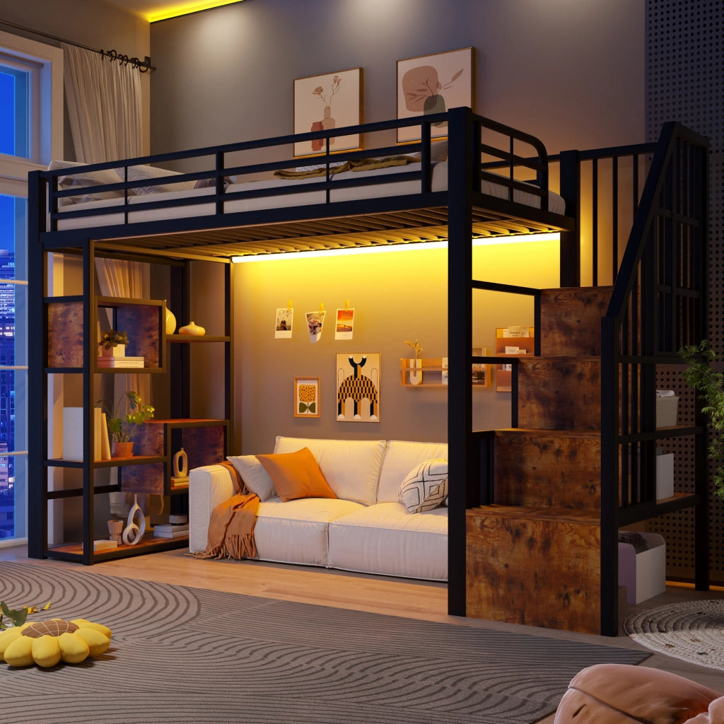 Letto a soppalco 90x200 cm con spazio libero sottostante; LED; ripiano; gradini integrati e parapetto; metallo nero