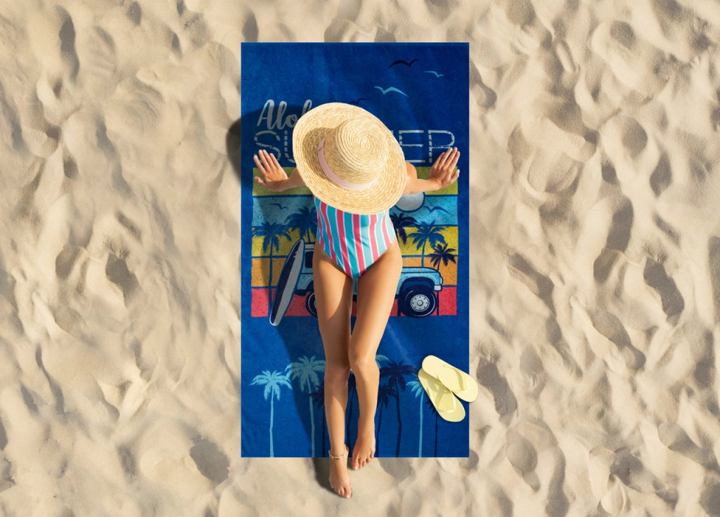 Telo Mare Stampato In Spugna Spiaggia Piscina Disegno California Aloha Summer D.2