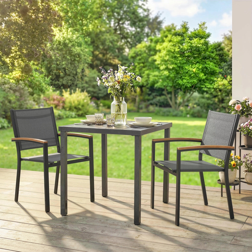 Sedie da Giardino ¨C zephmum ¨C Texteline Grigio e Metallo con Braccioli Effetto Legno, 56x62x89 cm