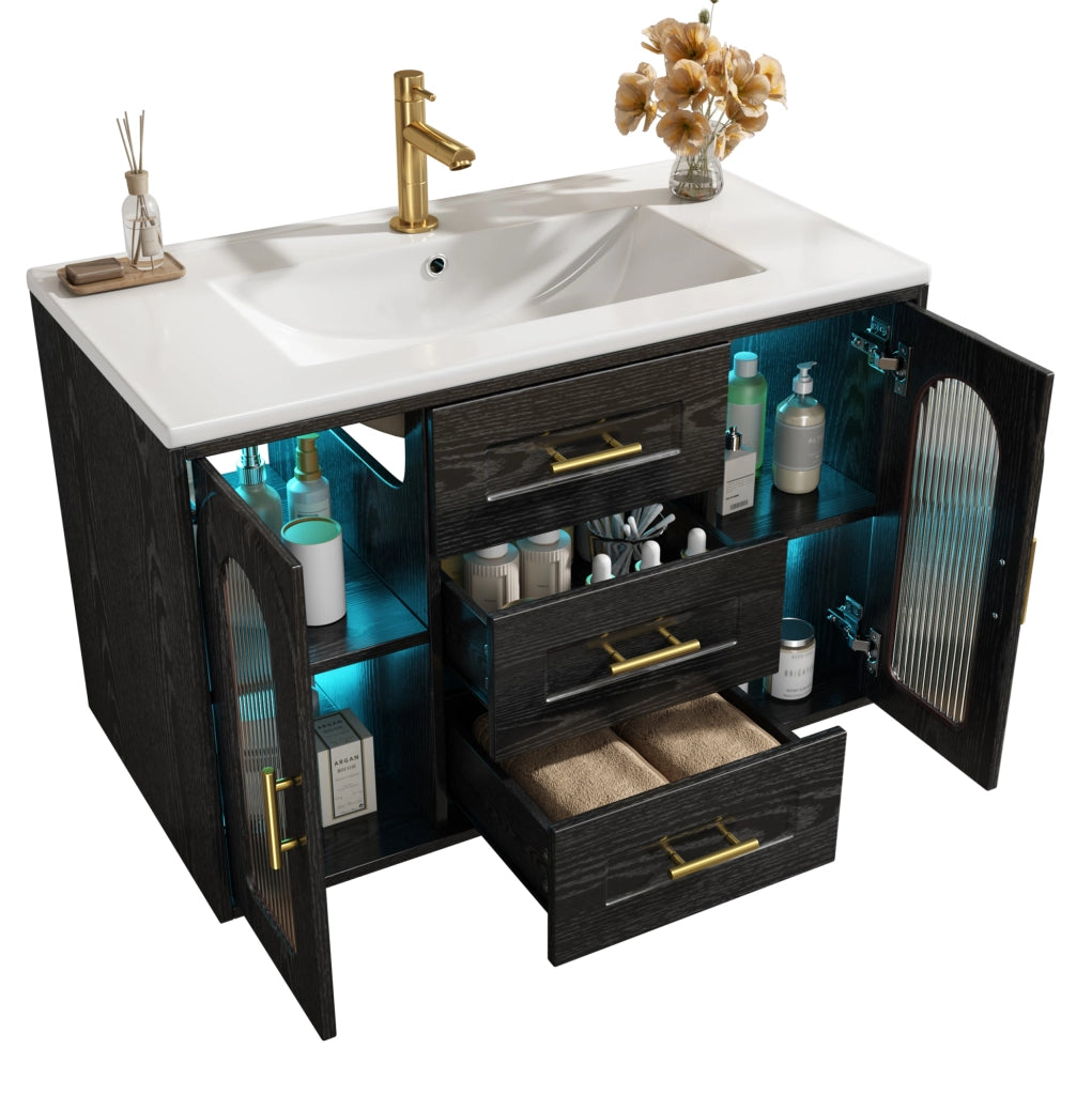 Mobile bagno sospeso 76 cm con lavabo; 2 cassetti; vetro rigato; LED; nero