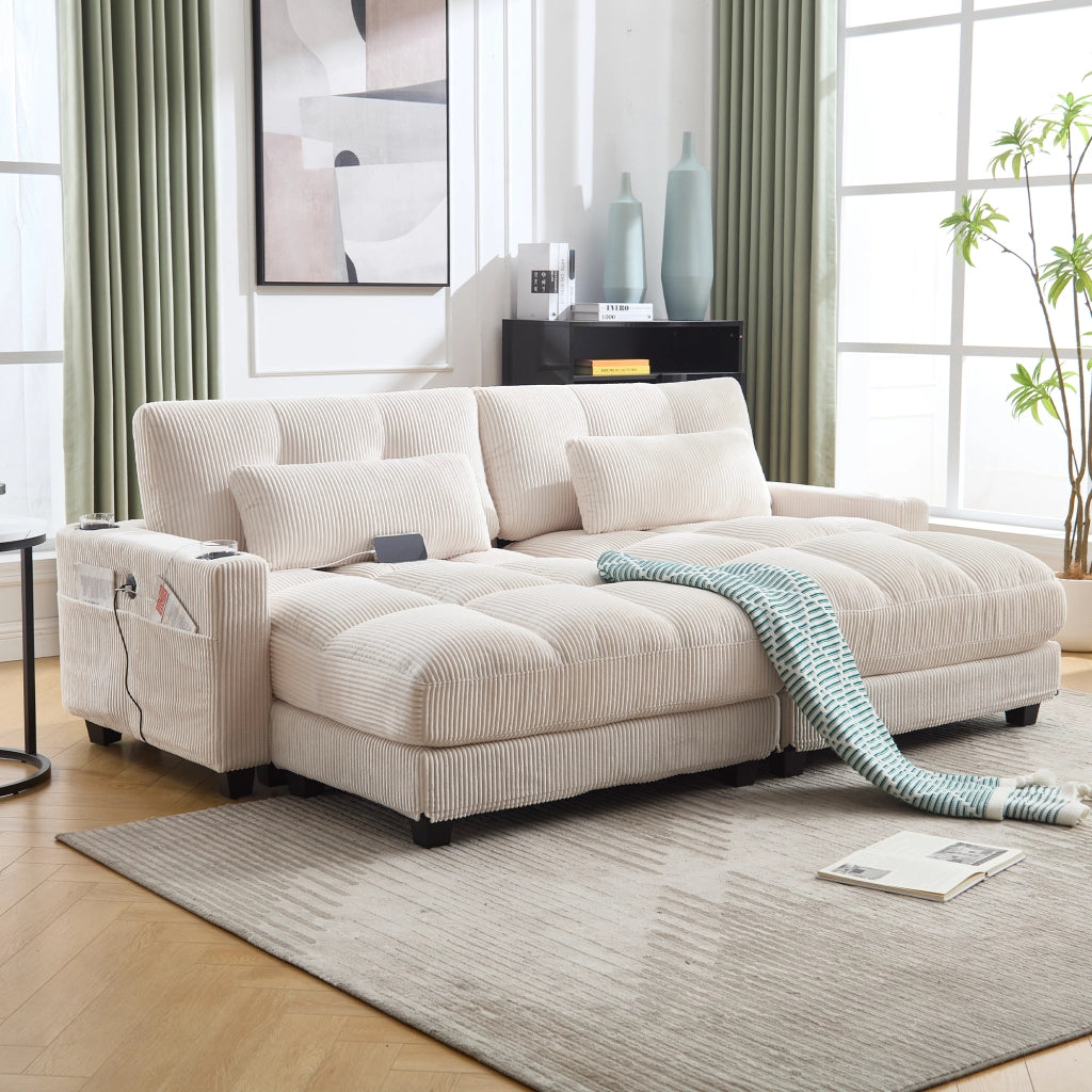 Poltrona Lounge con USB e Portabicchieri; Poggiatesta Regolabile; Tasca Laterale; in Velluto a Coste Beige