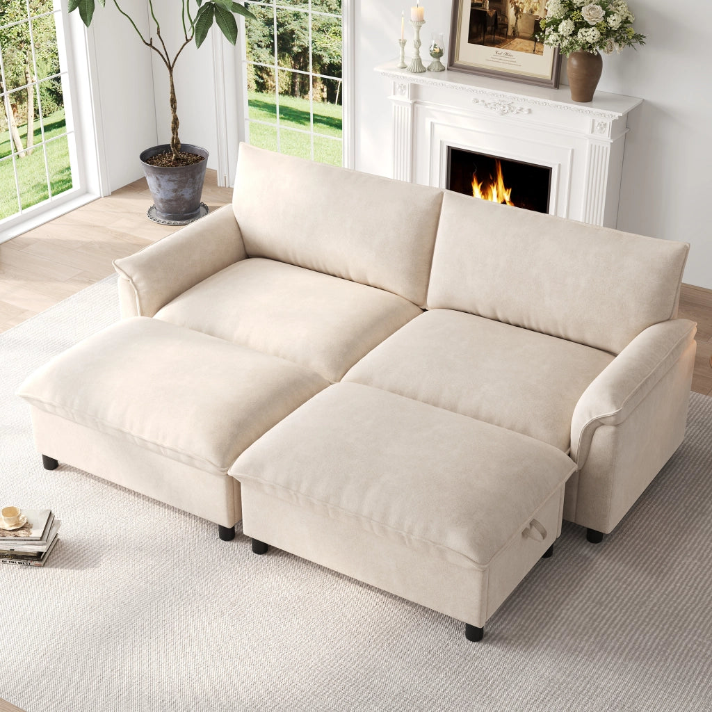 Divano modulare con seduta profonda e 2 poggiapiedi mobili, schienale alto, in chenille beige 216 × 77 × 82 cm