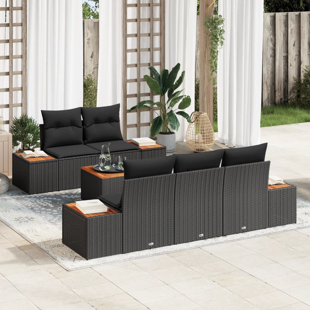 Set Divano da Giardino a 6 Pezzi con Cuscini Nero Polyrattan Acacia
