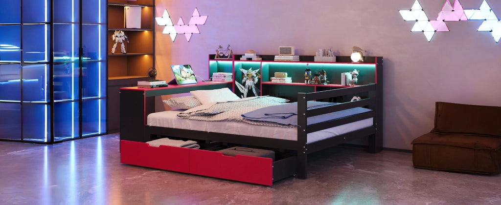 DESMIU Lit combinato 140 × 200 cm 2 posti con scrivania, ripiani, cassetti, LED, USB e presa, senza materasso, in legno, nero rosso