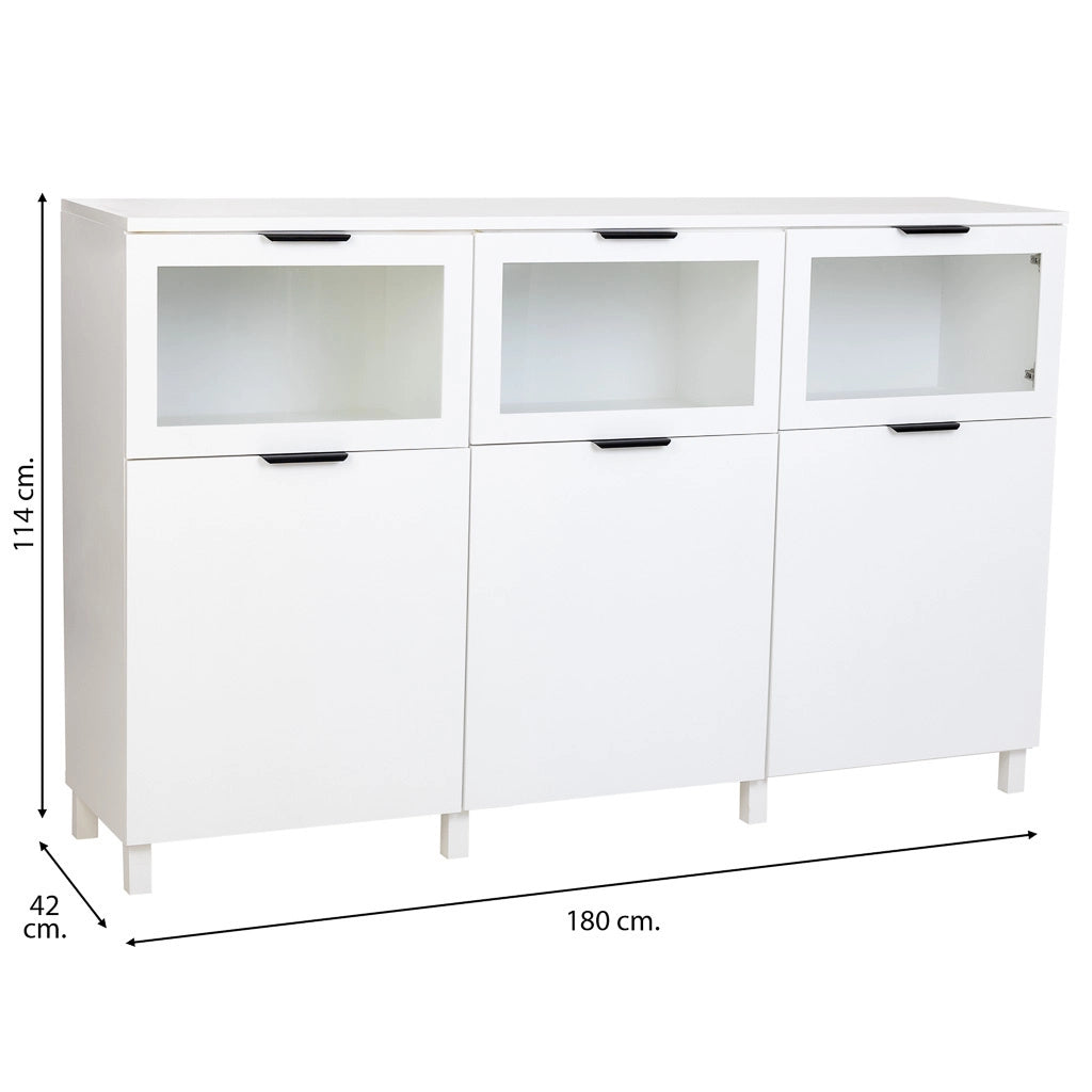 Credenza in legno bianco con 3 ante e 3 cassetti 180x42x114h cm