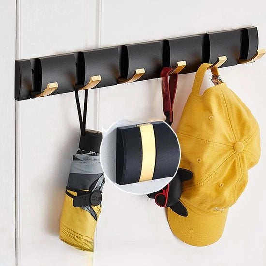 Capocassa adesiva alla parete, porta oscillante, capocassa con ganci estensibili, grucce in alluminio spazieripiene, barra a ganci per ingresso, bagno, cappello, asciugamano - Nero Oro-6 ganci