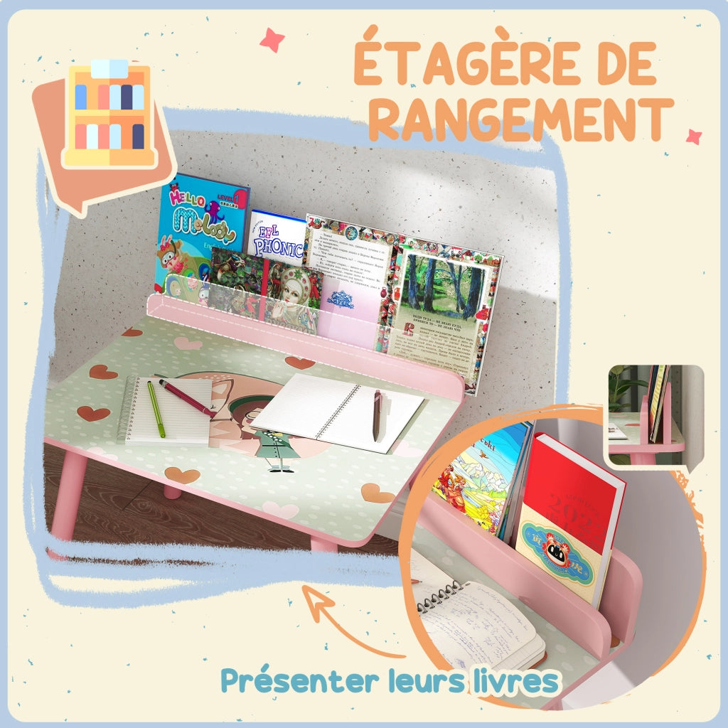 Tavolo e sedie bambini con porta-libri ¨C zephmum ¨C rosa, orsetti, 3-8 anni