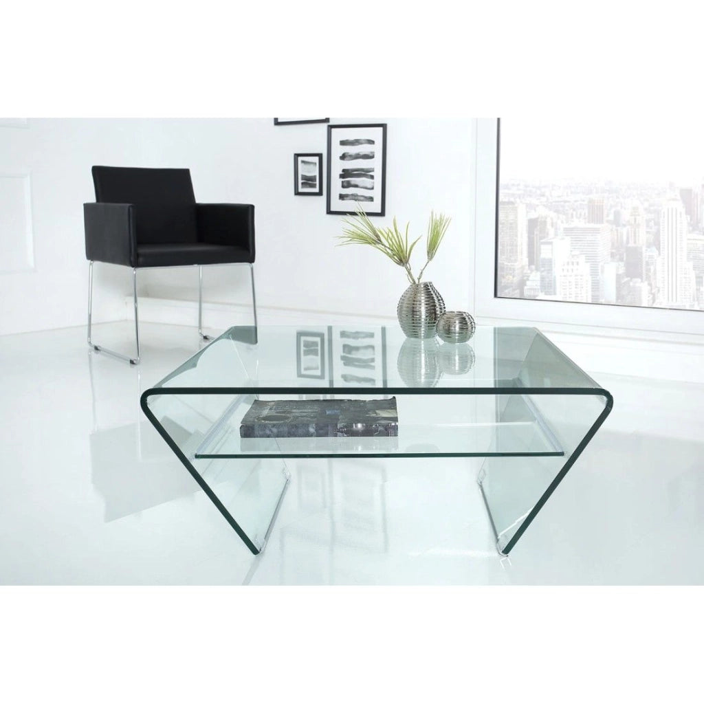 Tavolino basso HOLOW con ripiano – Tavolino basso design asimmetrico in vetro temperato