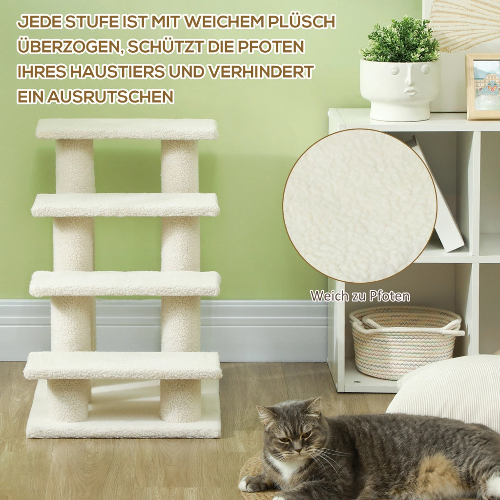 Scaffale a 4 gradini per cani e gatti in truciolare con rivestimento in peluche, bianco crema, 63,5 × 43 × 60 cm