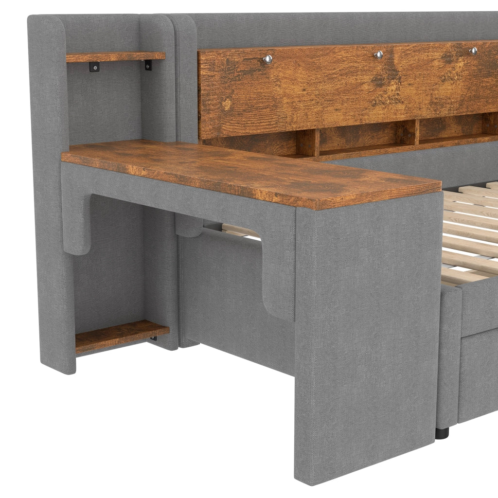Letto singolo 90×200 cm con 2 cassetti; scrivania; USB e type-c; vano ribaltabile; senza materasso; lino; grigio