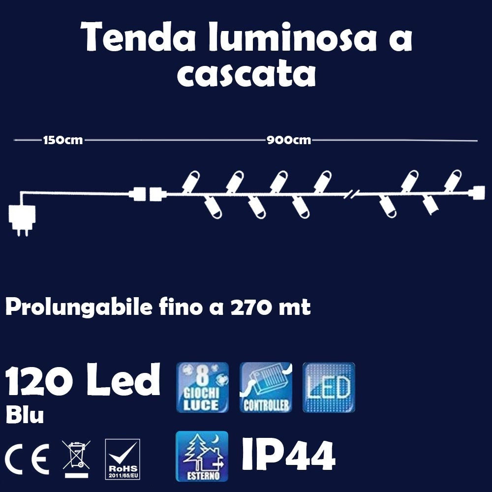 Trade Shop - Catena Luminosa Natalizia 120 Led Luce Blu Con Flash 9mt Esterno Prolungabile -