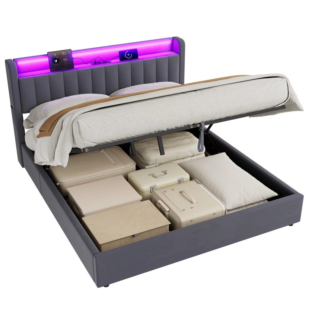 Letto Imbottito 140x200 cm Grigio Scuro in Velluto con Contenitore, USB e Luce d’Atmosfera