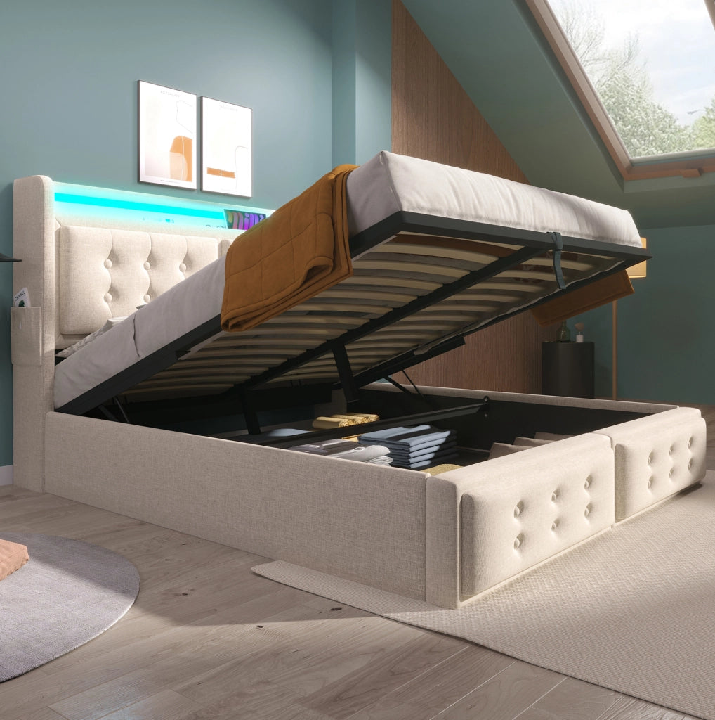 Letto matrimoniale 180x200 cm con contenitore; LED e USB C; tessuto cotone e lino beige