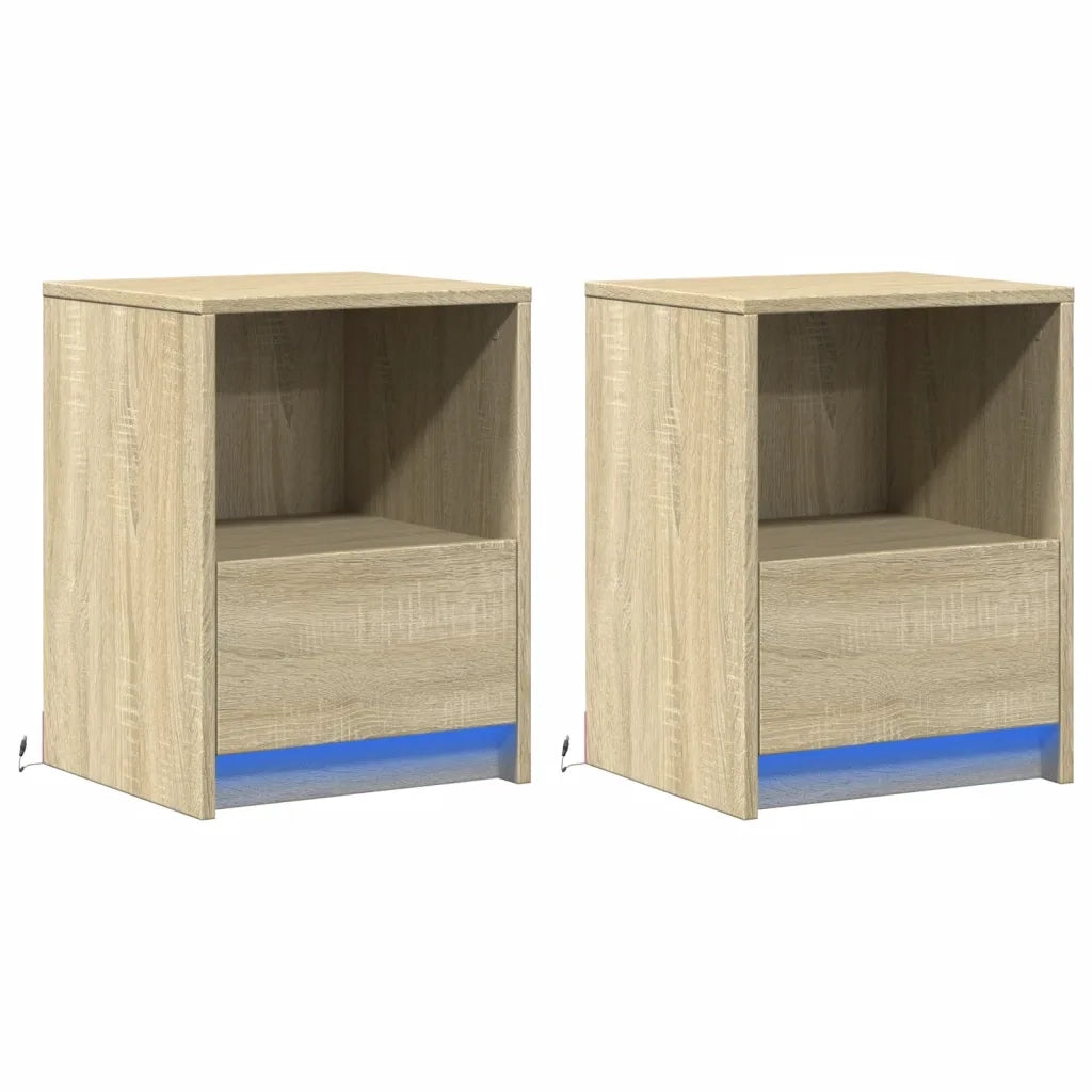 Set di 2 Comodini | Armadio da Notte | Mobiletto da notte con Luci LED Rovere Sonoma in Legno Multistrato