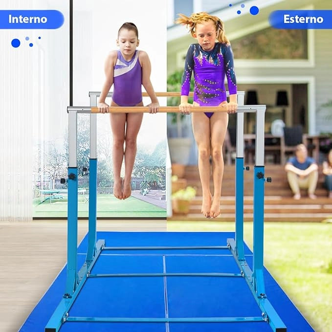 Parallele Doppie per Ginnastica, Sbarre Orizzontali Doppie con Larghezza Regolabile e 11 Altezze, capacità di Carico di 100 kg, Sbarre di Allenamento per Bambini 6-12 Anni