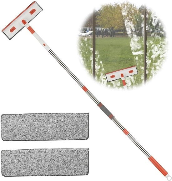 Pulitore di finestre 2 in 1 con maniglia telescopica e 2 pad di microfibra - 120 cm pulitore di finestre telescopico con testa rotativa - per finestre alte, bagno, doccia, vetro e specchio